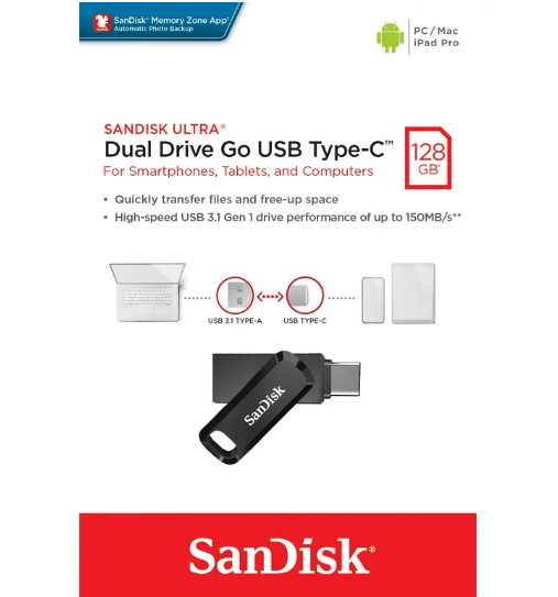 SANDISK 128GB Ultra Dual USB 3.1 Type-C (USB-C &amp; USB-A) (SDDDC3-128G-G46) Flash Drive